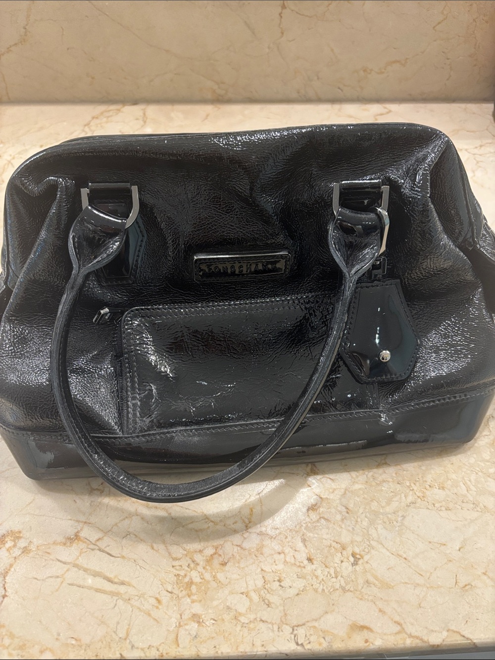 Glossy Black Patent Satchel Handbag - Longchamp